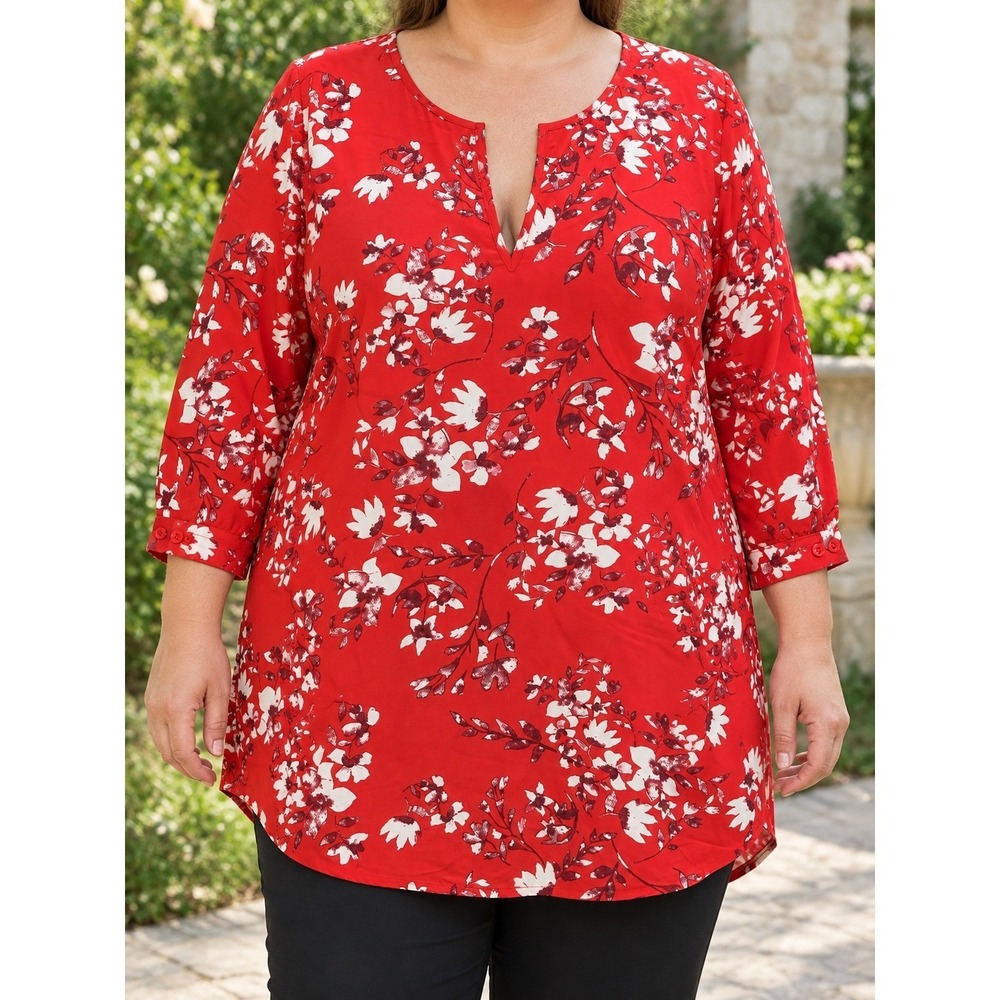 Ava & Viv 4X Red Floral Split Neck 3/4 Sleeve High Low Tunic Blouse